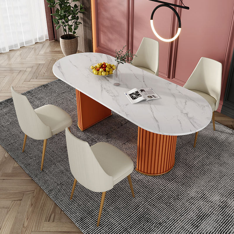 Sintered Stone Luxury Dining Table Traditional Oval Dining Table with Double Pedestal Base Orange 55.1"L x 31.5"W x 29.5"H Without Chairs Clearhalo ' dining_table' 'Dining Tables & Seating' 'Dining Tables' 'furn' 'furn_dining_table' 'Furniture' 'furniture_dining_table' 'Kitchen & Dining Furniture' 'kitchen&dining_furn' 'kitchen' 'kitchen_dining_table' 4353410