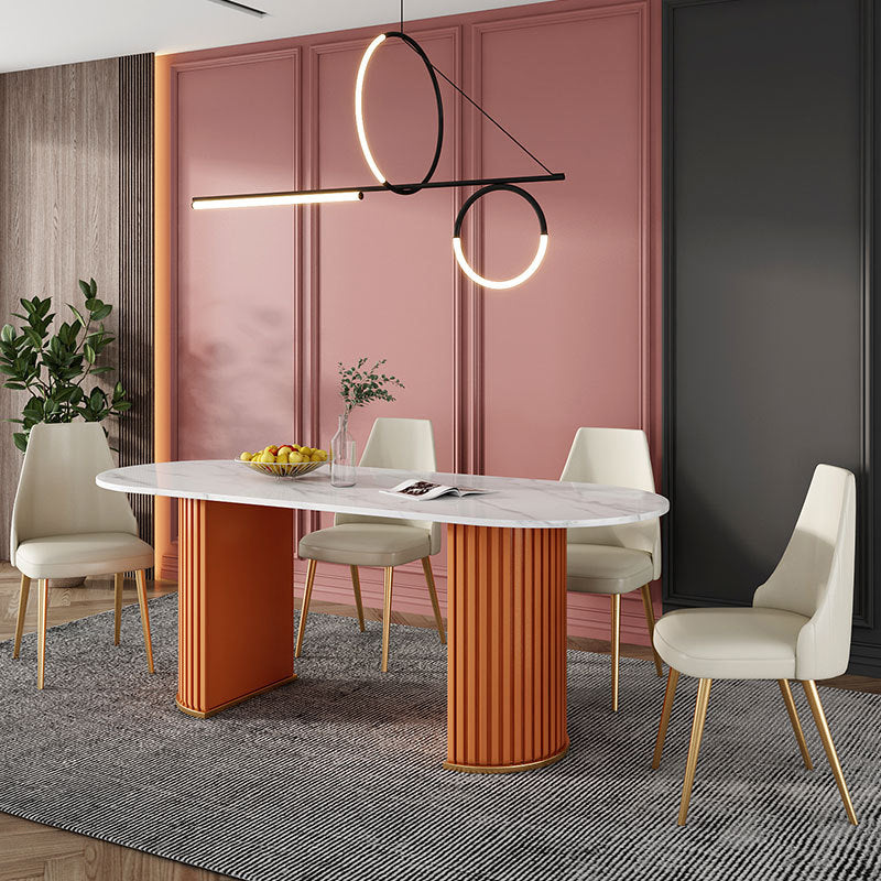 Sintered Stone Luxury Dining Table Traditional Oval Dining Table with Double Pedestal Base Orange 63"L x 31.5"W x 29.5"H Without Chairs Clearhalo ' dining_table' 'Dining Tables & Seating' 'Dining Tables' 'furn' 'furn_dining_table' 'Furniture' 'furniture_dining_table' 'Kitchen & Dining Furniture' 'kitchen&dining_furn' 'kitchen' 'kitchen_dining_table' 4353412