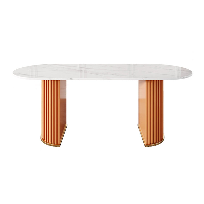 Sintered Stone Luxury Dining Table Traditional Oval Dining Table with Double Pedestal Base Orange 78.7"L x 31.5"W x 29.5"H Without Chairs Clearhalo ' dining_table' 'Dining Tables & Seating' 'Dining Tables' 'furn' 'furn_dining_table' 'Furniture' 'furniture_dining_table' 'Kitchen & Dining Furniture' 'kitchen&dining_furn' 'kitchen' 'kitchen_dining_table' 4353415