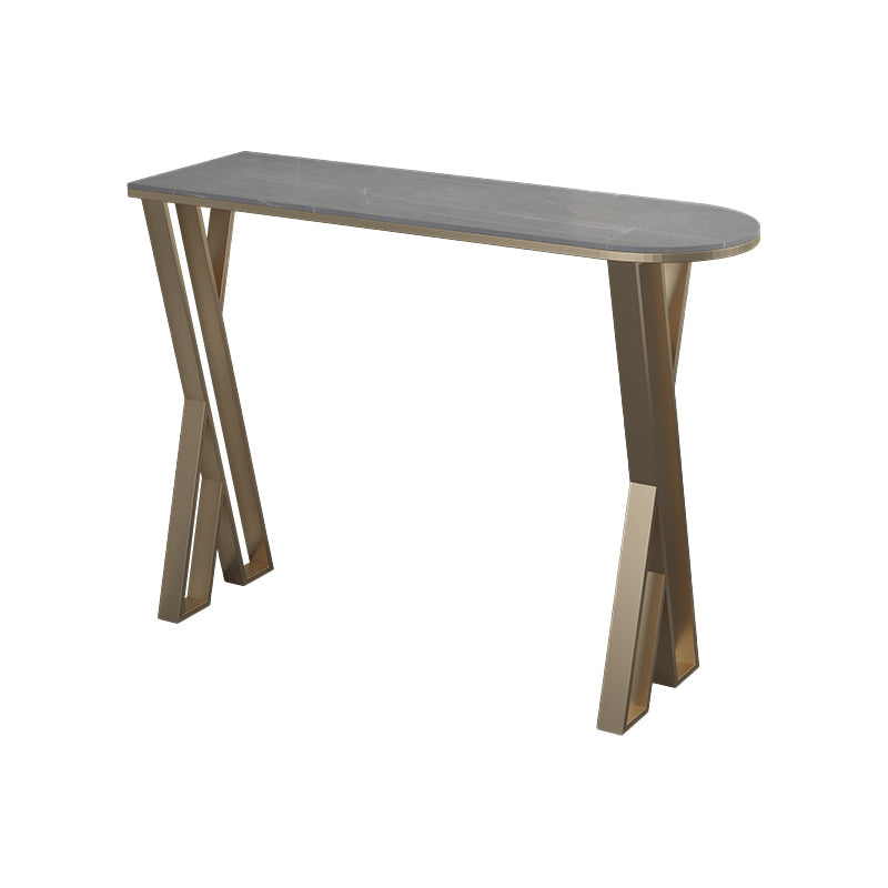 Glam Stone Pub Bar Table Indoor Gold Iron Bar Dining Table with Double Pedestal Grey Without Chairs Clearhalo 'Bar Furniture' 'Bar Tables' 'bar_tables' 'furn' 'furn_bar_tables' 'Furniture' 'furniture_bar_tables' 'Kitchen & Dining Furniture' 'kitchen&dining_furn' 'kitchen' 4354822
