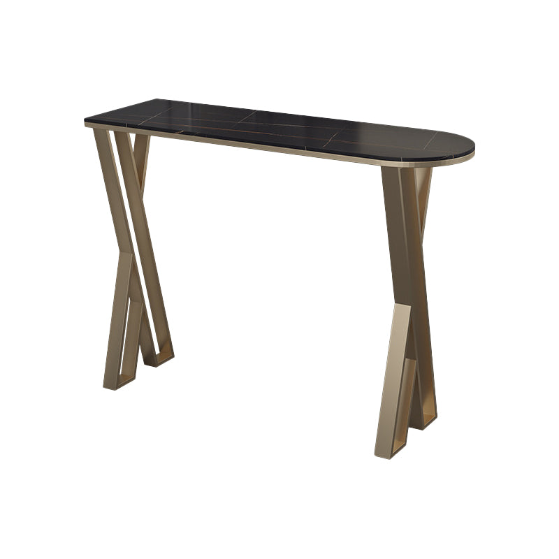 Glam Stone Pub Bar Table Indoor Gold Iron Bar Dining Table with Double Pedestal Black Without Chairs Clearhalo 'Bar Furniture' 'Bar Tables' 'bar_tables' 'furn' 'furn_bar_tables' 'Furniture' 'furniture_bar_tables' 'Kitchen & Dining Furniture' 'kitchen&dining_furn' 'kitchen' 4354823