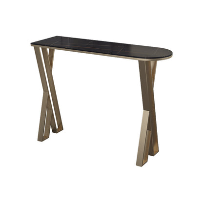 Glam Stone Pub Bar Table Indoor Gold Iron Bar Dining Table with Double Pedestal Black Without Chairs Clearhalo 'Bar Furniture' 'Bar Tables' 'bar_tables' 'furn' 'furn_bar_tables' 'Furniture' 'furniture_bar_tables' 'Kitchen & Dining Furniture' 'kitchen&dining_furn' 'kitchen' 4354823