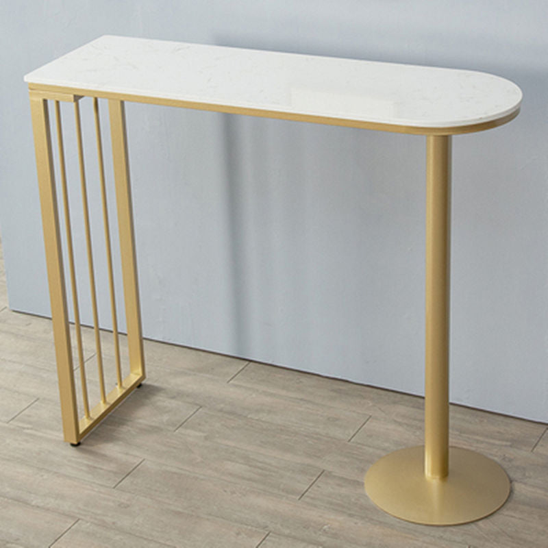 Glam White Faux Marble Pub Bar Table Indoor Iron Bar Dining Table with Double Pedestal 39.4"L x 15.7"W x 41.3"H Gold Without Chairs Clearhalo 'Bar Furniture' 'Bar Tables' 'bar_tables' 'furn' 'furn_bar_tables' 'Furniture' 'furniture_bar_tables' 'Kitchen & Dining Furniture' 'kitchen&dining_furn' 'kitchen' 4354842