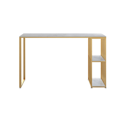 Glam Rectangle Faux Marble Pub Bar Table Iron Double Pedestal Bar Dining Table with Shelf Gold Without Chairs Clearhalo 'Bar Furniture' 'Bar Tables' 'bar_tables' 'furn' 'furn_bar_tables' 'Furniture' 'furniture_bar_tables' 'Kitchen & Dining Furniture' 'kitchen&dining_furn' 'kitchen' 4354853