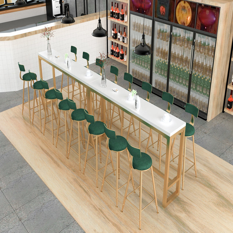 Glam Rectangle Indoor Pub Bar Table Gold Iron Bar Dining Table with Trestle Pedestal 86.6"L x 15.7"W x 41.3"H Wood Without Chairs Clearhalo 'Bar Furniture' 'Bar Tables' 'bar_tables' 'furn' 'furn_bar_tables' 'Furniture' 'furniture_bar_tables' 'Kitchen & Dining Furniture' 'kitchen&dining_furn' 'kitchen' 4354883