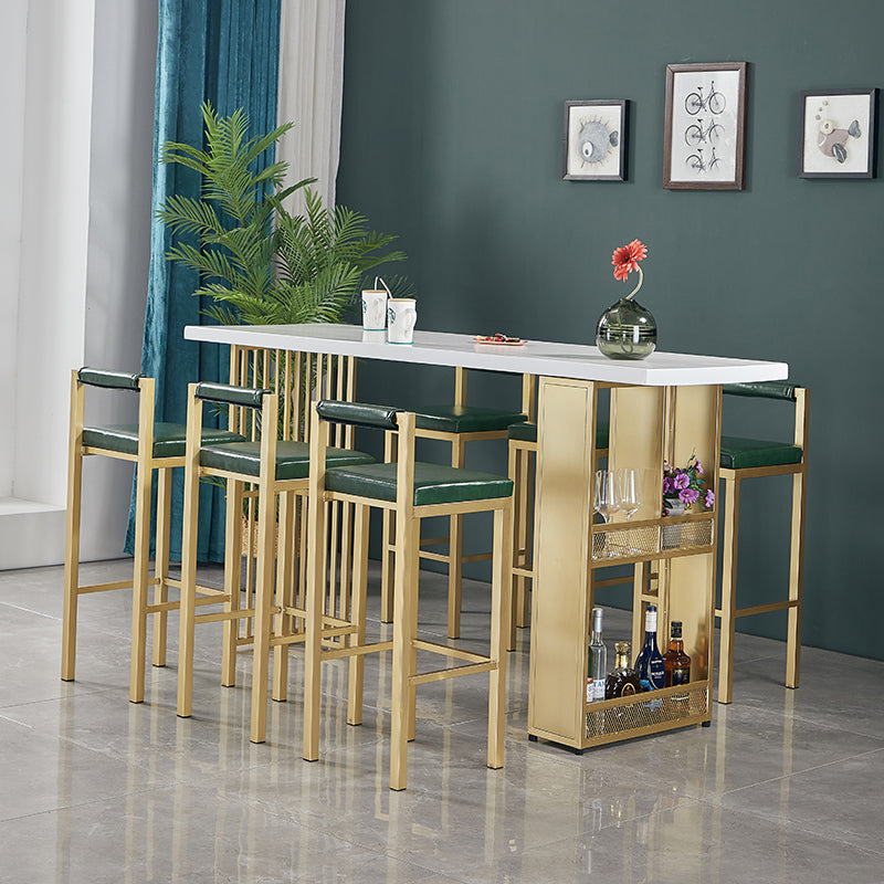 Glam Rectangle Pine Pub Bar Table Indoor Metal Double Pedestal Bar Dining Table with Shelf 94.5"L x 23.6"W x 41.3"H Without Chairs Clearhalo 'Bar Furniture' 'Bar Tables' 'bar_tables' 'furn' 'furn_bar_tables' 'Furniture' 'furniture_bar_tables' 'Kitchen & Dining Furniture' 'kitchen&dining_furn' 'kitchen' 4354907