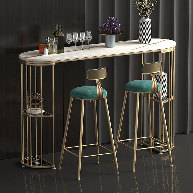 Glam Iron Bar Table Faux Marble Oval Top 41.3"H Bistro Table with Storage 55.1"L x 15.7"W x 41.3"H Gold Without Chairs Clearhalo 'Bar Furniture' 'Bar Tables' 'bar_tables' 'furn' 'furn_bar_tables' 'Furniture' 'furniture_bar_tables' 'Kitchen & Dining Furniture' 'kitchen&dining_furn' 'kitchen' 4354969