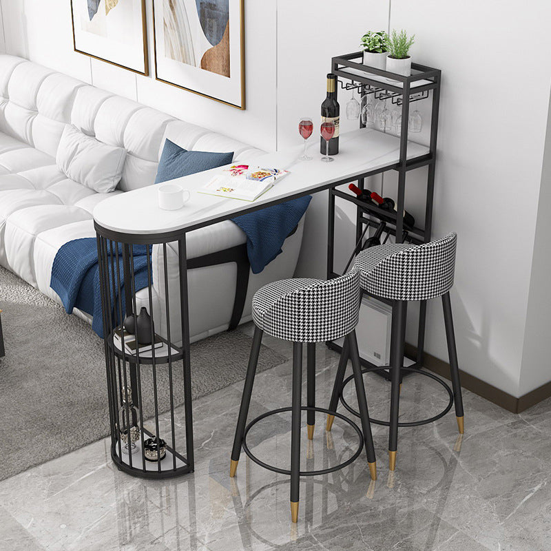 Glam Iron Bar Table Faux Marble White Specialty Top 41.3"H Bistro Table Black 63"L x 15.7"W x 41.3"H Clearhalo 'Bar Furniture' 'Bar Tables' 'bar_tables' 'Furniture' 'furniture_bar_tables' 'Kitchen & Dining Furniture' 'kitchen&dining_furn' 'kitchen' 4355006