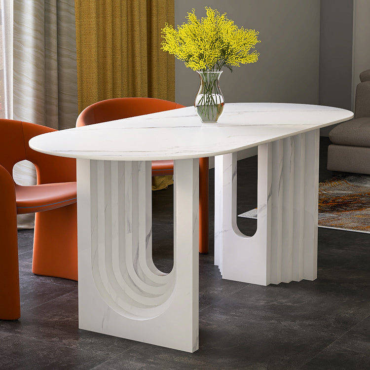 Metal Modern Double Pedestal Table Sintered Stone Table,47.5"L x 31.5"W x 29.5"H Oval Without Chairs Clearhalo ' dining_table' 'Dining Tables & Seating' 'Dining Tables' 'furn' 'furn_dining_table' 'Furniture' 'furniture_dining_table' 'Kitchen & Dining Furniture' 'kitchen&dining_furn' 'kitchen' 'kitchen_dining_table' 4369251