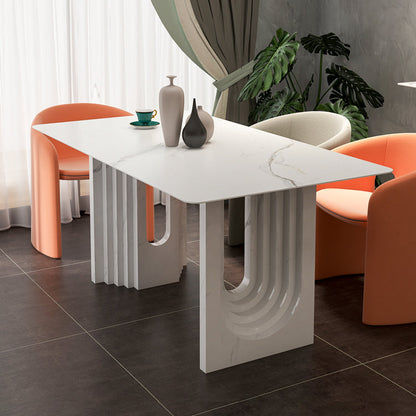 Metal Modern Double Pedestal Table Sintered Stone Table,47.5"L x 31.5"W x 29.5"H Rectangle Without Chairs Clearhalo ' dining_table' 'Dining Tables & Seating' 'Dining Tables' 'furn' 'furn_dining_table' 'Furniture' 'furniture_dining_table' 'Kitchen & Dining Furniture' 'kitchen&dining_furn' 'kitchen' 'kitchen_dining_table' 4369252