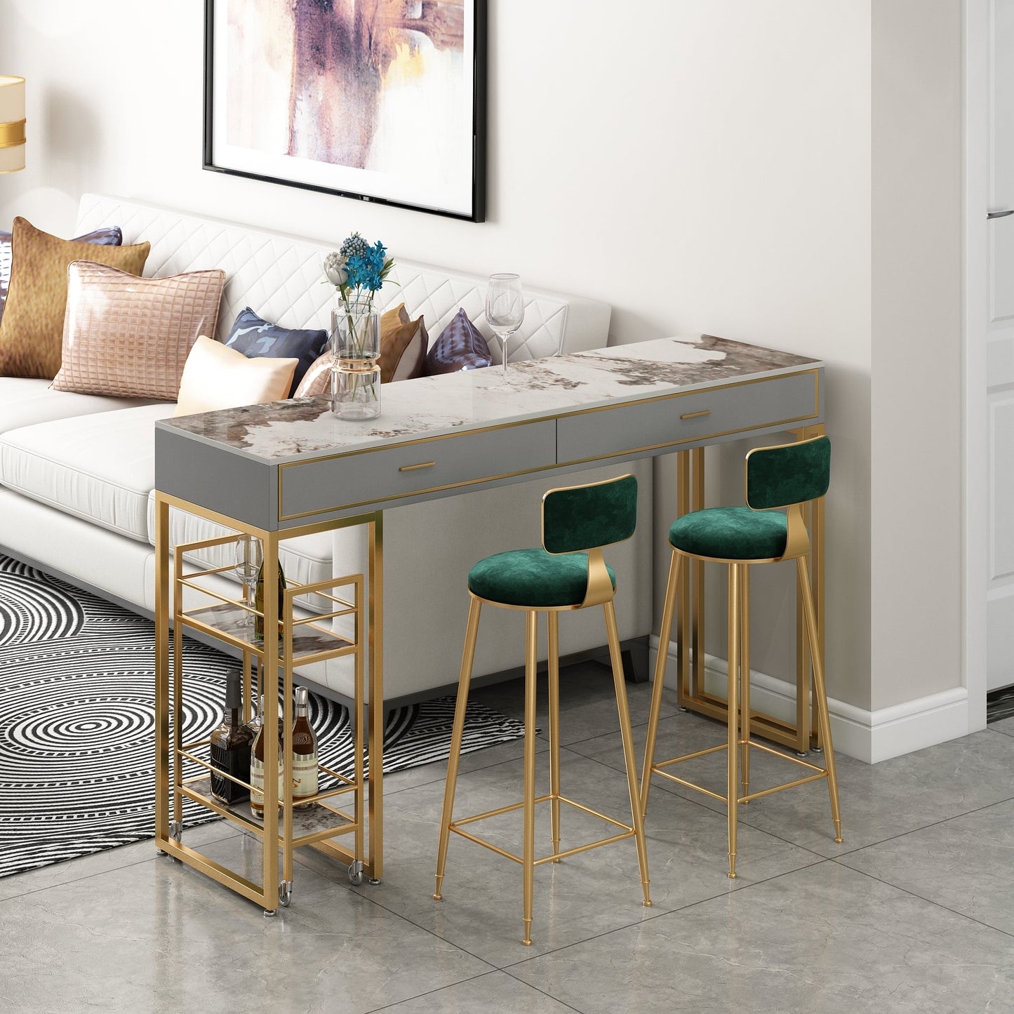 Glam Gold Metal Bar Height Pub Table Rectangle Sled Pub Height Dining Table 47.2"L x 15.7"W x 41.3"H Gray-Gold Without Chairs Clearhalo 'Bar Furniture' 'Bar Tables' 'bar_tables' 'furn' 'furn_bar_tables' 'Furniture' 'furniture_bar_tables' 'Kitchen & Dining Furniture' 'kitchen&dining_furn' 'kitchen' 4372286