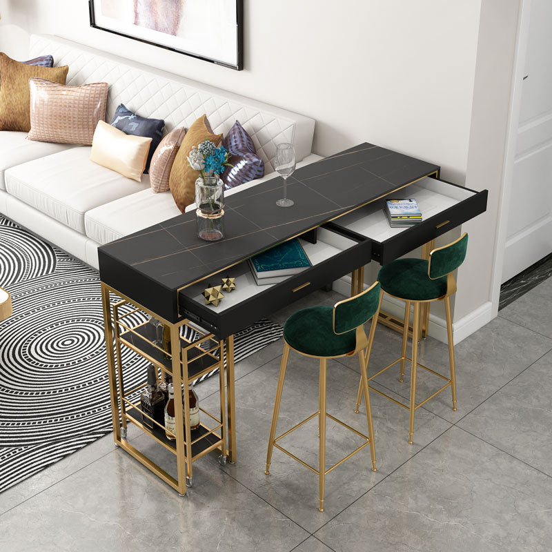 Glam Gold Metal Bar Height Pub Table Rectangle Sled Pub Height Dining Table 55.1"L x 15.7"W x 41.3"H Black-Gold Without Chairs Clearhalo 'Bar Furniture' 'Bar Tables' 'bar_tables' 'furn' 'furn_bar_tables' 'Furniture' 'furniture_bar_tables' 'Kitchen & Dining Furniture' 'kitchen&dining_furn' 'kitchen' 4372288