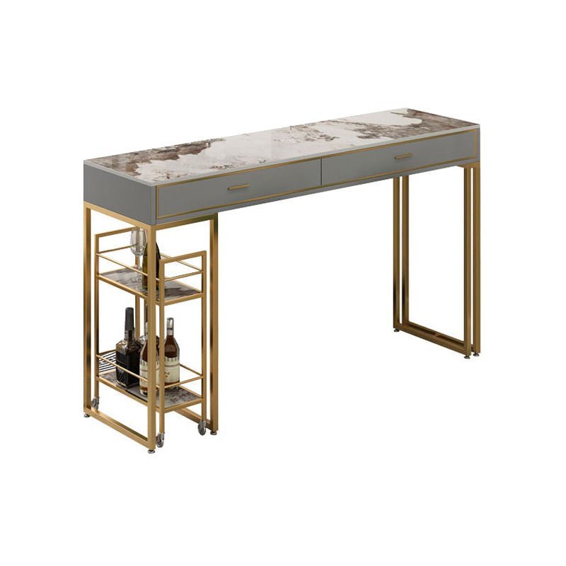 Glam Gold Metal Bar Height Pub Table Rectangle Sled Pub Height Dining Table 39.4"L x 15.7"W x 41.3"H Gray-Gold Without Chairs Clearhalo 'Bar Furniture' 'Bar Tables' 'bar_tables' 'furn' 'furn_bar_tables' 'Furniture' 'furniture_bar_tables' 'Kitchen & Dining Furniture' 'kitchen&dining_furn' 'kitchen' 4372289
