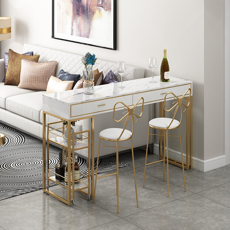 Glam Gold Metal Bar Height Pub Table Rectangle Sled Pub Height Dining Table Clearhalo 'Bar Furniture' 'Bar Tables' 'bar_tables' 'furn' 'furn_bar_tables' 'Furniture' 'furniture_bar_tables' 'Kitchen & Dining Furniture' 'kitchen&dining_furn' 'kitchen' 4372296