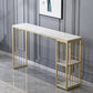 Glam Rectangle Stone Pub Bar Table Gold Iron Double Pedestal Bar Dining Table with 2-Shelf 70.9"L x 15.7"W x 41.3"H White Without Chairs Clearhalo 'Bar Furniture' 'Bar Tables' 'bar_tables' 'furn' 'furn_bar_tables' 'Furniture' 'furniture_bar_tables' 'Kitchen & Dining Furniture' 'kitchen&dining_furn' 'kitchen' 4372564