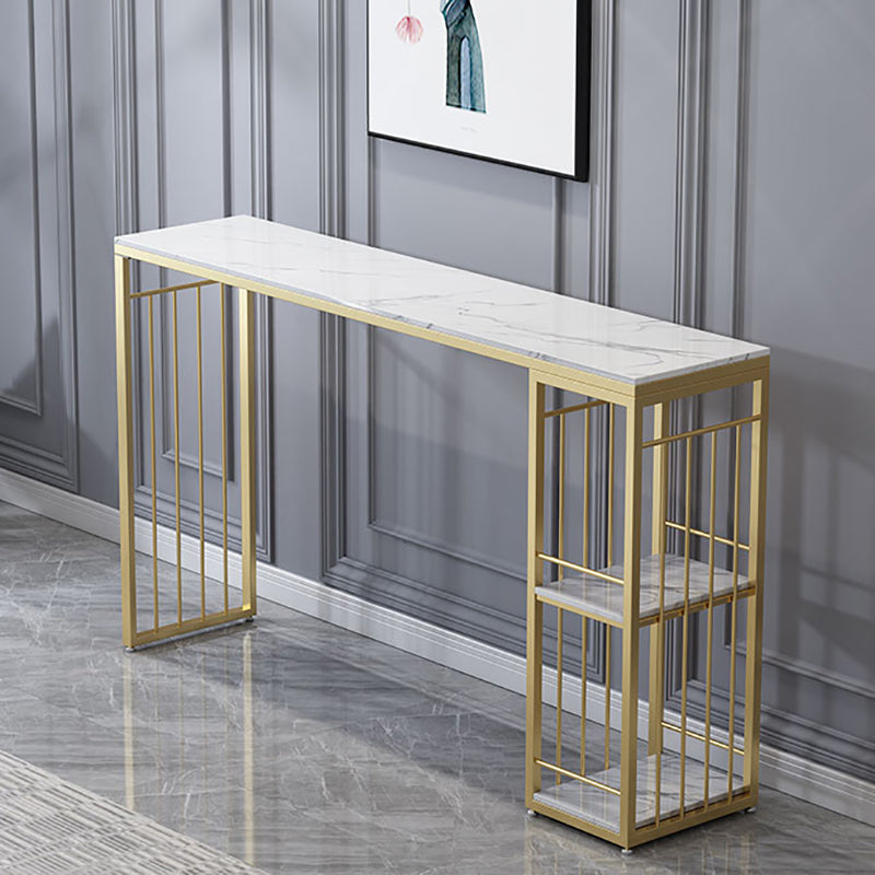 Glam Rectangle Stone Pub Bar Table Gold Iron Double Pedestal Bar Dining Table with 2-Shelf 70.9"L x 15.7"W x 41.3"H White Without Chairs Clearhalo 'Bar Furniture' 'Bar Tables' 'bar_tables' 'furn' 'furn_bar_tables' 'Furniture' 'furniture_bar_tables' 'Kitchen & Dining Furniture' 'kitchen&dining_furn' 'kitchen' 4372564
