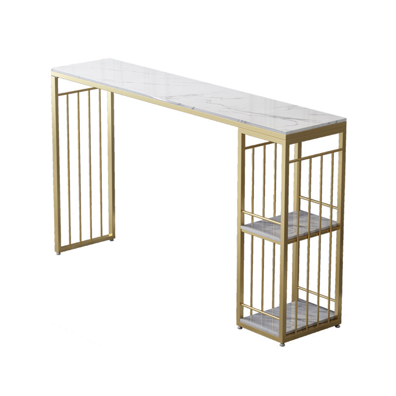 Glam Rectangle Stone Pub Bar Table Gold Iron Double Pedestal Bar Dining Table with 2-Shelf White Without Chairs Clearhalo 'Bar Furniture' 'Bar Tables' 'bar_tables' 'furn' 'furn_bar_tables' 'Furniture' 'furniture_bar_tables' 'Kitchen & Dining Furniture' 'kitchen&dining_furn' 'kitchen' 4372566