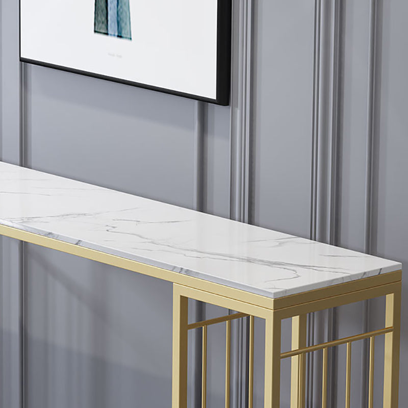 Glam Rectangle Stone Pub Bar Table Gold Iron Double Pedestal Bar Dining Table with 2-Shelf Clearhalo 'Bar Furniture' 'Bar Tables' 'bar_tables' 'furn' 'furn_bar_tables' 'Furniture' 'furniture_bar_tables' 'Kitchen & Dining Furniture' 'kitchen&dining_furn' 'kitchen' 4372567