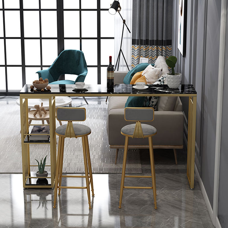 Glam Rectangle Stone Pub Bar Table Gold Iron Double Pedestal Bar Dining Table with 2-Shelf Clearhalo 'Bar Furniture' 'Bar Tables' 'bar_tables' 'furn' 'furn_bar_tables' 'Furniture' 'furniture_bar_tables' 'Kitchen & Dining Furniture' 'kitchen&dining_furn' 'kitchen' 4372570