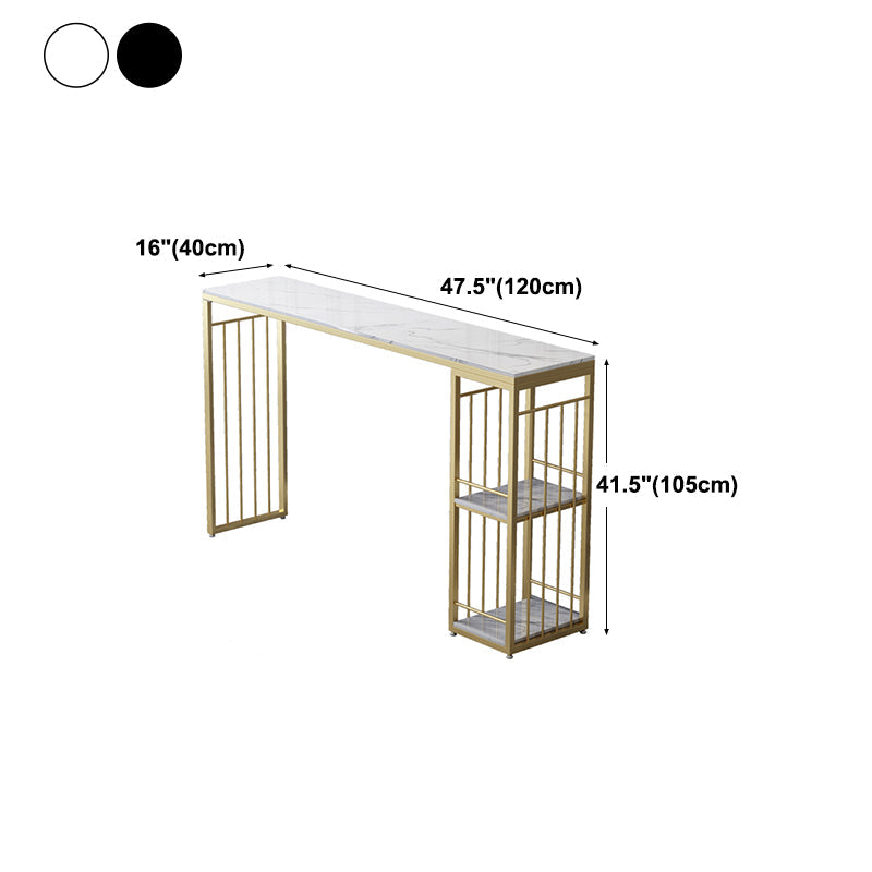 Glam Rectangle Stone Pub Bar Table Gold Iron Double Pedestal Bar Dining Table with 2-Shelf Clearhalo 'Bar Furniture' 'Bar Tables' 'bar_tables' 'furn' 'furn_bar_tables' 'Furniture' 'furniture_bar_tables' 'Kitchen & Dining Furniture' 'kitchen&dining_furn' 'kitchen' 4372571