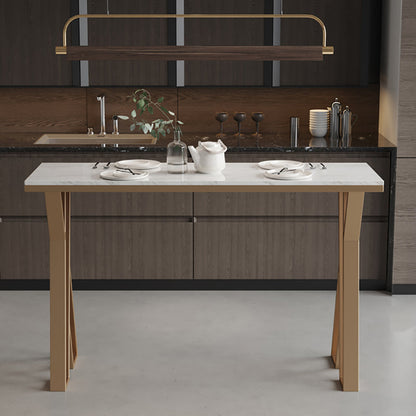 Glam Rectangle Faux Marble Pub Bar Table Gold Iron Bar Dining Table with Double Pedestal 39.4"L x 15.7"W x 41.3"H Without Chairs Clearhalo 'Bar Furniture' 'Bar Tables' 'bar_tables' 'furn' 'furn_bar_tables' 'Furniture' 'furniture_bar_tables' 'Kitchen & Dining Furniture' 'kitchen&dining_furn' 'kitchen' 4372630