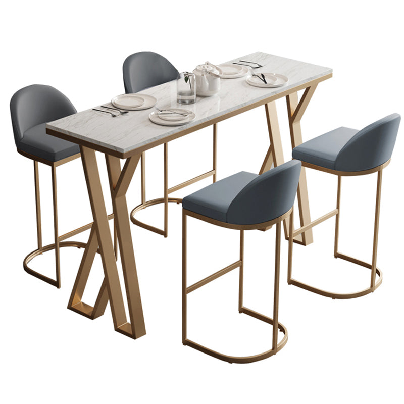 Glam Rectangle Faux Marble Pub Bar Table Gold Iron Bar Dining Table with Double Pedestal Clearhalo 'Bar Furniture' 'Bar Tables' 'bar_tables' 'furn' 'furn_bar_tables' 'Furniture' 'furniture_bar_tables' 'Kitchen & Dining Furniture' 'kitchen&dining_furn' 'kitchen' 4372634