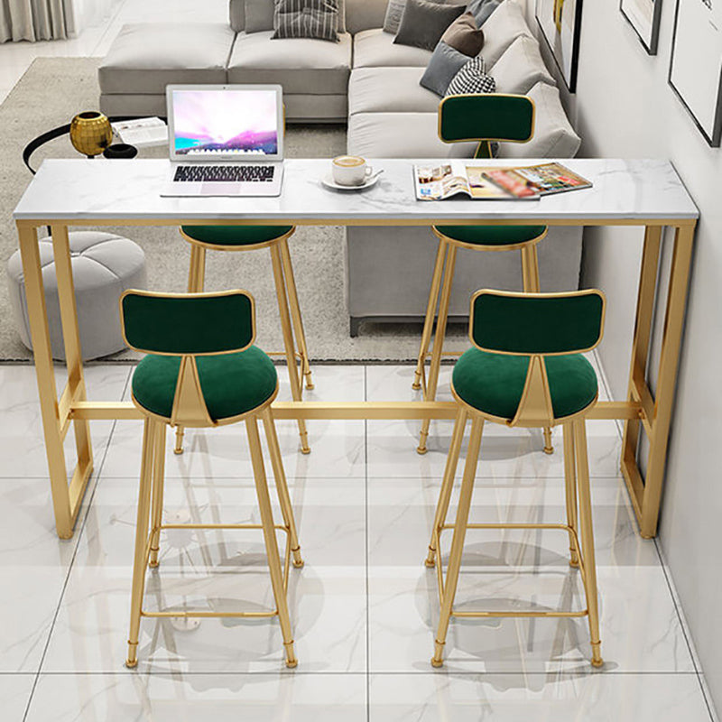 Glam Rectangle Faux Marble Pub Bar Table Gold Iron Bar Dining Table with Trestle Pedestal 63"L x 15.7"W x 41.3"H Storage Not Included Without Chairs Clearhalo 'Bar Furniture' 'Bar Tables' 'bar_tables' 'furn' 'furn_bar_tables' 'Furniture' 'furniture_bar_tables' 'Kitchen & Dining Furniture' 'kitchen&dining_furn' 'kitchen' 4372646