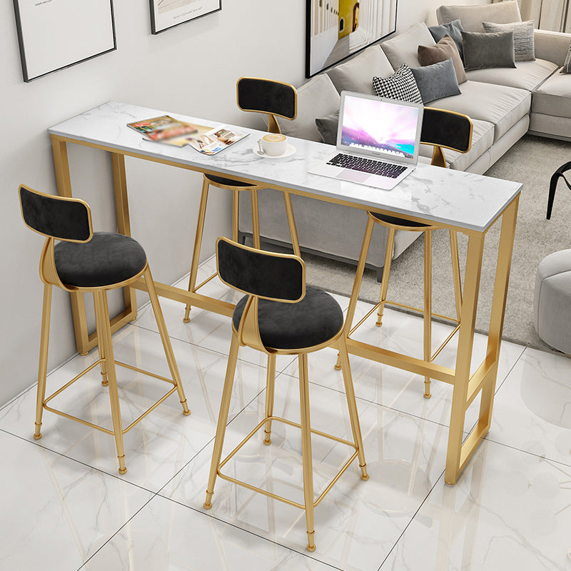 Glam Rectangle Faux Marble Pub Bar Table Gold Iron Bar Dining Table with Trestle Pedestal 55.1"L x 15.7"W x 41.3"H Storage Not Included Without Chairs Clearhalo 'Bar Furniture' 'Bar Tables' 'bar_tables' 'furn' 'furn_bar_tables' 'Furniture' 'furniture_bar_tables' 'Kitchen & Dining Furniture' 'kitchen&dining_furn' 'kitchen' 4372647