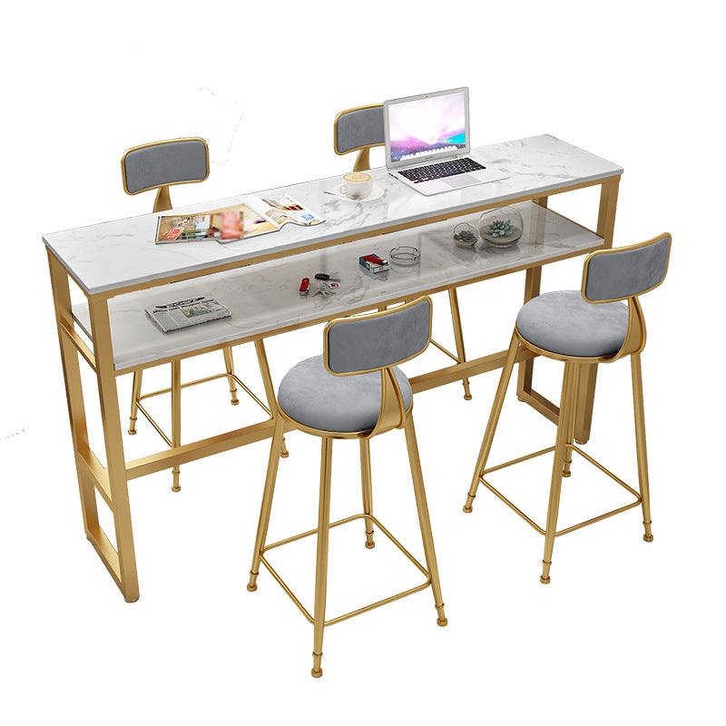 Glam Rectangle Faux Marble Pub Bar Table Gold Iron Bar Dining Table with Trestle Pedestal Clearhalo 'Bar Furniture' 'Bar Tables' 'bar_tables' 'furn' 'furn_bar_tables' 'Furniture' 'furniture_bar_tables' 'Kitchen & Dining Furniture' 'kitchen&dining_furn' 'kitchen' 4372649