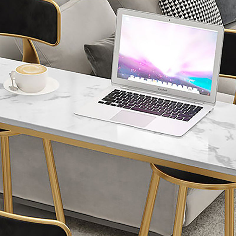 Glam Rectangle Faux Marble Pub Bar Table Gold Iron Bar Dining Table with Trestle Pedestal Clearhalo 'Bar Furniture' 'Bar Tables' 'bar_tables' 'furn' 'furn_bar_tables' 'Furniture' 'furniture_bar_tables' 'Kitchen & Dining Furniture' 'kitchen&dining_furn' 'kitchen' 4372651