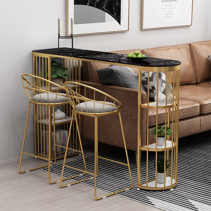 Glam Faux Marble Pub Bar Table Indoor Iron Double Pedestal Bar Dining Table with 6-Shelf Black Without Chairs Clearhalo 'Bar Furniture' 'Bar Tables' 'bar_tables' 'furn' 'furn_bar_tables' 'Furniture' 'furniture_bar_tables' 'Kitchen & Dining Furniture' 'kitchen&dining_furn' 'kitchen' 4372681