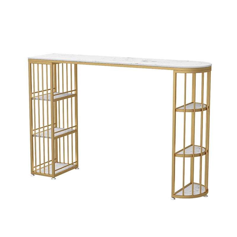 Glam Faux Marble Pub Bar Table Indoor Iron Double Pedestal Bar Dining Table with 6-Shelf White Without Chairs Clearhalo 'Bar Furniture' 'Bar Tables' 'bar_tables' 'furn' 'furn_bar_tables' 'Furniture' 'furniture_bar_tables' 'Kitchen & Dining Furniture' 'kitchen&dining_furn' 'kitchen' 4372683