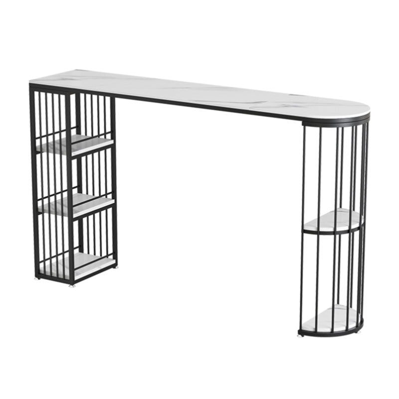 White Stone Indoor Glam Bar Dining Table Iron Double Pedestal Bistro Table with Shelve Black Without Chairs Clearhalo 'Bar Furniture' 'Bar Tables' 'bar_tables' 'furn' 'furn_bar_tables' 'Furniture' 'furniture_bar_tables' 'Kitchen & Dining Furniture' 'kitchen&dining_furn' 'kitchen' 4374621