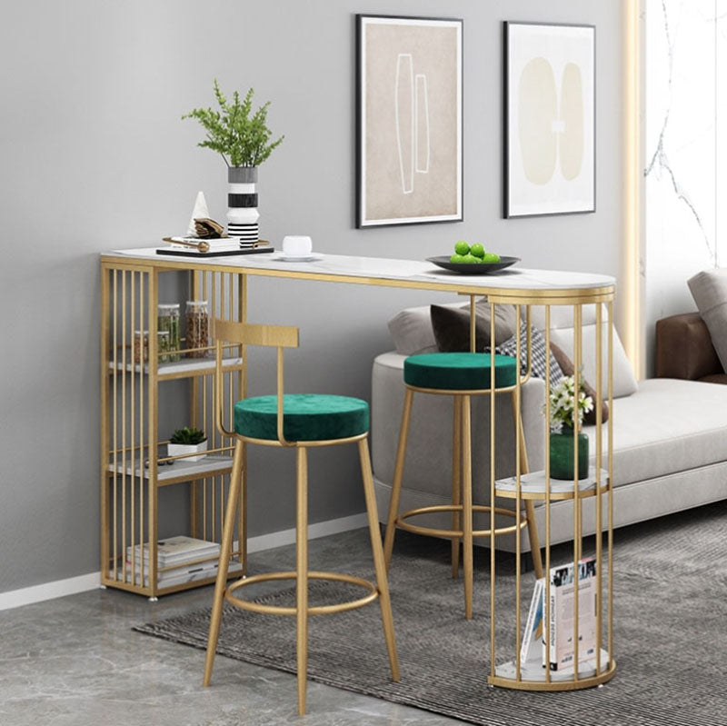 White Stone Indoor Glam Bar Dining Table Iron Double Pedestal Bistro Table with Shelve Clearhalo 'Bar Furniture' 'Bar Tables' 'bar_tables' 'furn' 'furn_bar_tables' 'Furniture' 'furniture_bar_tables' 'Kitchen & Dining Furniture' 'kitchen&dining_furn' 'kitchen' 4374622