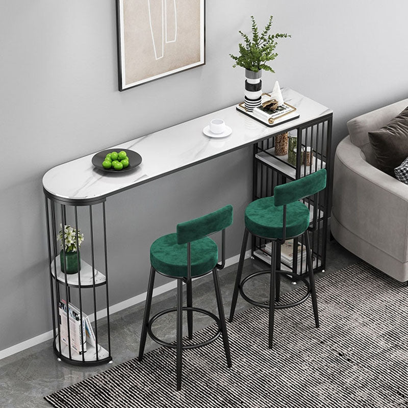 White Stone Indoor Glam Bar Dining Table Iron Double Pedestal Bistro Table with Shelve 63"L x 15.7"W x 41.3"H Black Without Chairs Clearhalo 'Bar Furniture' 'Bar Tables' 'bar_tables' 'furn' 'furn_bar_tables' 'Furniture' 'furniture_bar_tables' 'Kitchen & Dining Furniture' 'kitchen&dining_furn' 'kitchen' 4374623