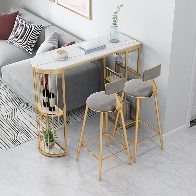 Modern Bar Dining Table with Shelves Iron Base Bar Height Cocktail Table 78.7"L x 15.7"W x 41.3"H Gold Without Chairs Clearhalo 'Bar Furniture' 'Bar Tables' 'bar_tables' 'furn' 'furn_bar_tables' 'Furniture' 'furniture_bar_tables' 'Kitchen & Dining Furniture' 'kitchen&dining_furn' 'kitchen' 4380778