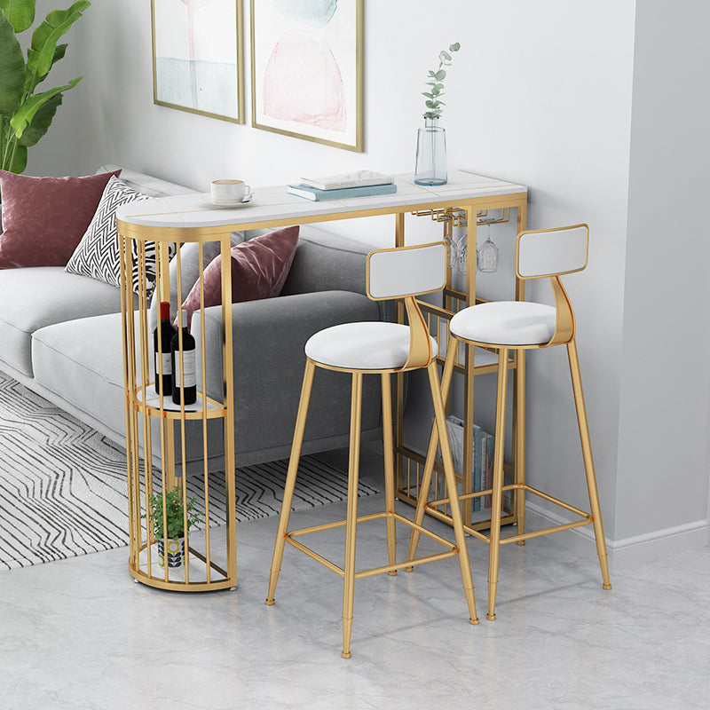 Modern Bar Dining Table with Shelves Iron Base Bar Height Cocktail Table 70.9"L x 15.7"W x 41.3"H Gold Without Chairs Clearhalo 'Bar Furniture' 'Bar Tables' 'bar_tables' 'furn' 'furn_bar_tables' 'Furniture' 'furniture_bar_tables' 'Kitchen & Dining Furniture' 'kitchen&dining_furn' 'kitchen' 4380780