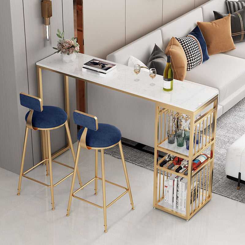 Glam Rectangle Faux Marble Bistro Table Gold Double Pedestal Bar Dining Table with 3-Shelf Clearhalo 'Bar Furniture' 'Bar Tables' 'bar_tables' 'furn' 'furn_bar_tables' 'Furniture' 'furniture_bar_tables' 'Kitchen & Dining Furniture' 'kitchen&dining_furn' 'kitchen' 4380815