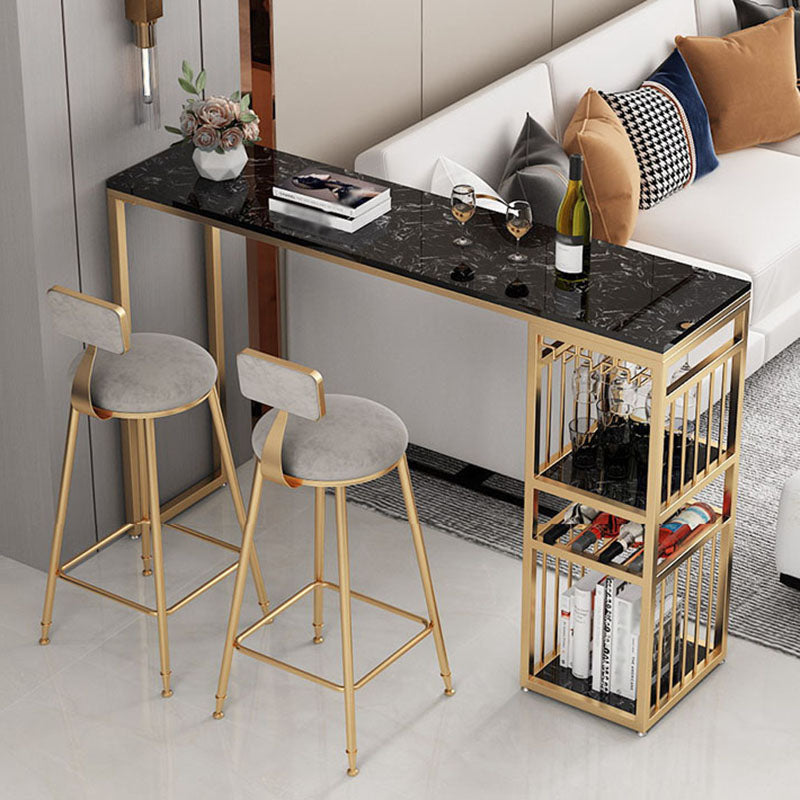 Glam Rectangle Faux Marble Bistro Table Gold Double Pedestal Bar Dining Table with 3-Shelf Gold Black Clearhalo 'Bar Furniture' 'Bar Tables' 'bar_tables' 'furn' 'furn_bar_tables' 'Furniture' 'furniture_bar_tables' 'Kitchen & Dining Furniture' 'kitchen&dining_furn' 'kitchen' 4380816