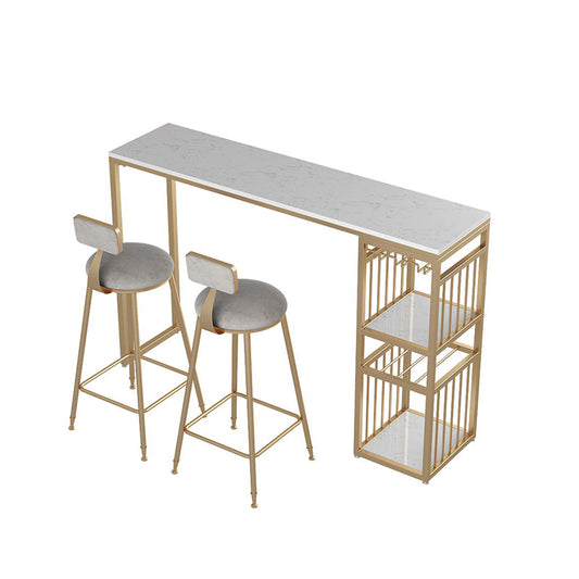 Glam Rectangle Faux Marble Bistro Table Gold Double Pedestal Bar Dining Table with 3-Shelf Clearhalo 'Bar Furniture' 'Bar Tables' 'bar_tables' 'furn' 'furn_bar_tables' 'Furniture' 'furniture_bar_tables' 'Kitchen & Dining Furniture' 'kitchen&dining_furn' 'kitchen' 4380820