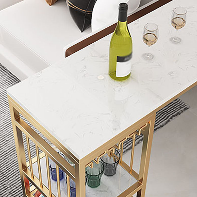 Glam Rectangle Faux Marble Bistro Table Gold Double Pedestal Bar Dining Table with 3-Shelf Clearhalo 'Bar Furniture' 'Bar Tables' 'bar_tables' 'furn' 'furn_bar_tables' 'Furniture' 'furniture_bar_tables' 'Kitchen & Dining Furniture' 'kitchen&dining_furn' 'kitchen' 4380822