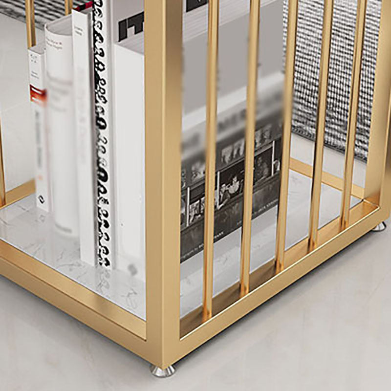 Glam Rectangle Faux Marble Bistro Table Gold Double Pedestal Bar Dining Table with 3-Shelf Clearhalo 'Bar Furniture' 'Bar Tables' 'bar_tables' 'furn' 'furn_bar_tables' 'Furniture' 'furniture_bar_tables' 'Kitchen & Dining Furniture' 'kitchen&dining_furn' 'kitchen' 4380823