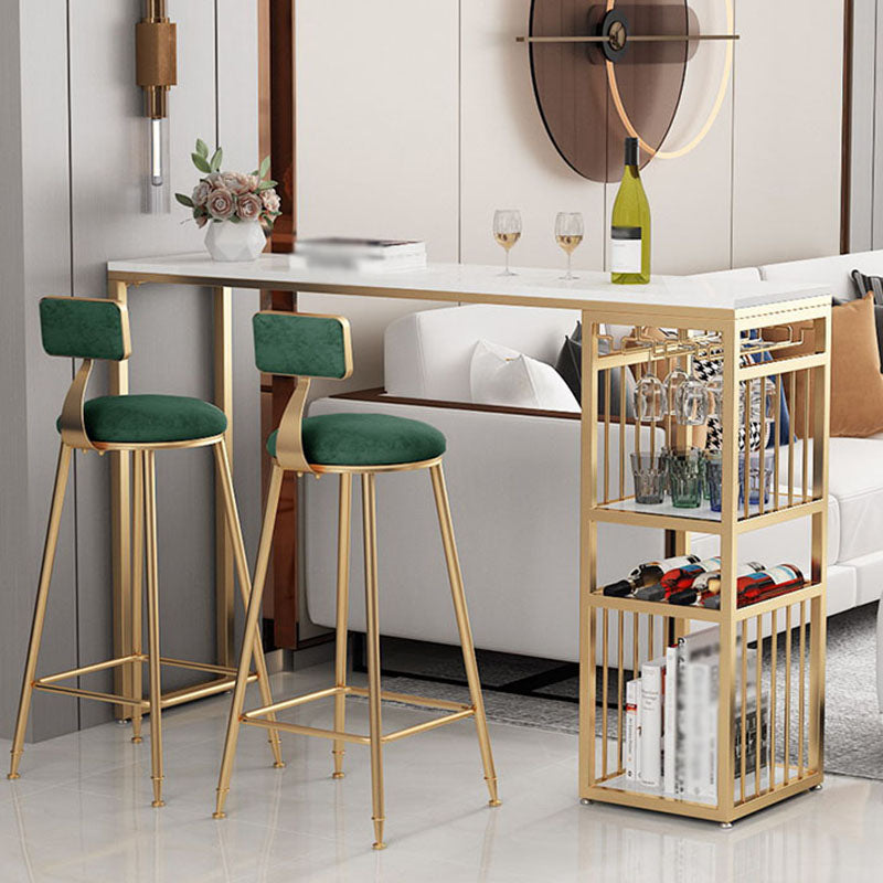 Glam Rectangle Faux Marble Bistro Table Gold Double Pedestal Bar Dining Table with 3-Shelf Clearhalo 'Bar Furniture' 'Bar Tables' 'bar_tables' 'furn' 'furn_bar_tables' 'Furniture' 'furniture_bar_tables' 'Kitchen & Dining Furniture' 'kitchen&dining_furn' 'kitchen' 4380824