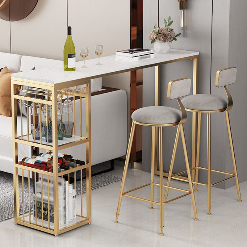 Glam Rectangle Faux Marble Bistro Table Gold Double Pedestal Bar Dining Table with 3-Shelf Clearhalo 'Bar Furniture' 'Bar Tables' 'bar_tables' 'furn' 'furn_bar_tables' 'Furniture' 'furniture_bar_tables' 'Kitchen & Dining Furniture' 'kitchen&dining_furn' 'kitchen' 4380825
