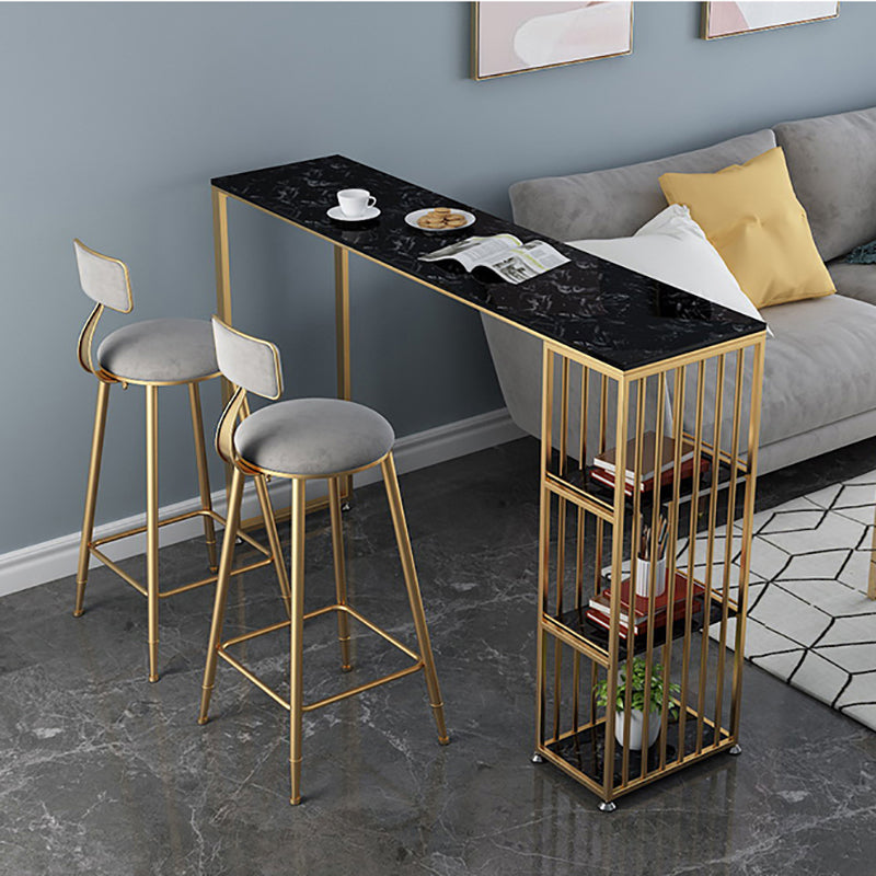 Glam Rectangle Faux Marble Pub Bar Table Double Pedestal Bar Dining Table with 3-Shelf 70.9"L x 15.7"W x 41.3"H Black Without Chairs Clearhalo 'Bar Furniture' 'Bar Tables' 'bar_tables' 'furn' 'furn_bar_tables' 'Furniture' 'furniture_bar_tables' 'Kitchen & Dining Furniture' 'kitchen&dining_furn' 'kitchen' 4380867