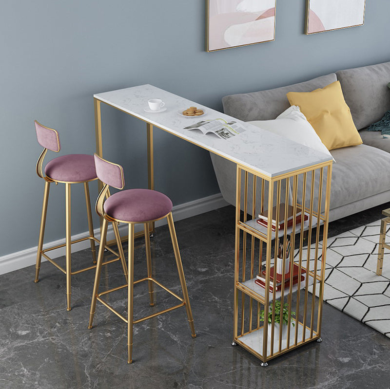 Glam Rectangle Faux Marble Pub Bar Table Double Pedestal Bar Dining Table with 3-Shelf 63"L x 15.7"W x 41.3"H White Without Chairs Clearhalo 'Bar Furniture' 'Bar Tables' 'bar_tables' 'furn' 'furn_bar_tables' 'Furniture' 'furniture_bar_tables' 'Kitchen & Dining Furniture' 'kitchen&dining_furn' 'kitchen' 4380869