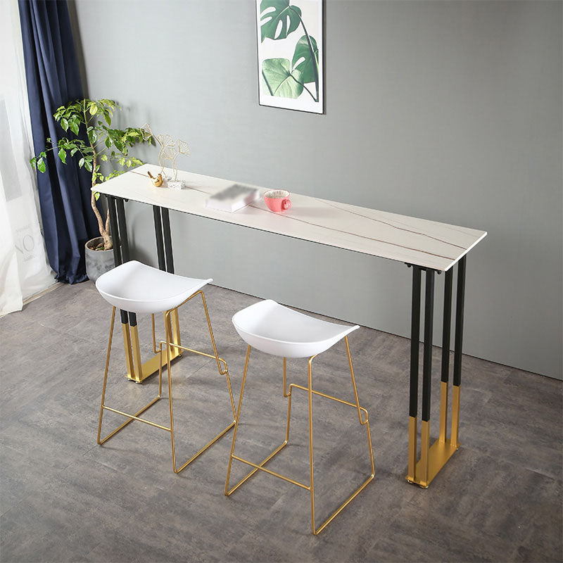 Glam Rectangle Stone Pub Bar Table Indoor Black Iron Bar Dining Table with Sled Pedestal White Stone Clearhalo 'Bar Furniture' 'Bar Tables' 'bar_tables' 'furn' 'furn_bar_tables' 'Furniture' 'furniture_bar_tables' 'Kitchen & Dining Furniture' 'kitchen&dining_furn' 'kitchen' 4380901