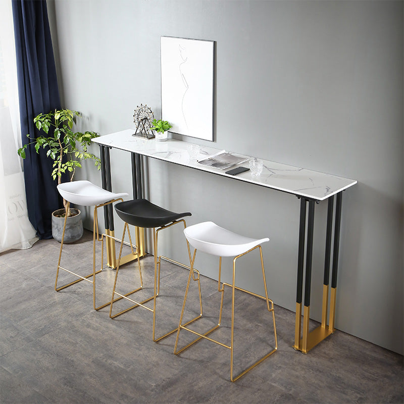 Glam Rectangle Stone Pub Bar Table Indoor Black Iron Bar Dining Table with Sled Pedestal White Faux Marble Clearhalo 'Bar Furniture' 'Bar Tables' 'bar_tables' 'furn' 'furn_bar_tables' 'Furniture' 'furniture_bar_tables' 'Kitchen & Dining Furniture' 'kitchen&dining_furn' 'kitchen' 4380903