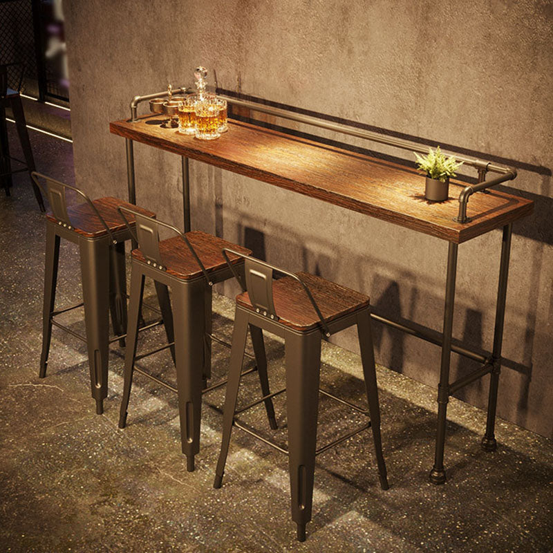 Industrial Black Iron Bar Table Brown Wood Rectangle Top 41.3"H Bistro Table 90.6"L x 17.7"W x 41.3"H Without Chairs Clearhalo 'Bar Furniture' 'Bar Tables' 'bar_tables' 'furn' 'furn_bar_tables' 'Furniture' 'furniture_bar_tables' 'Kitchen & Dining Furniture' 'kitchen&dining_furn' 'kitchen' 4380950