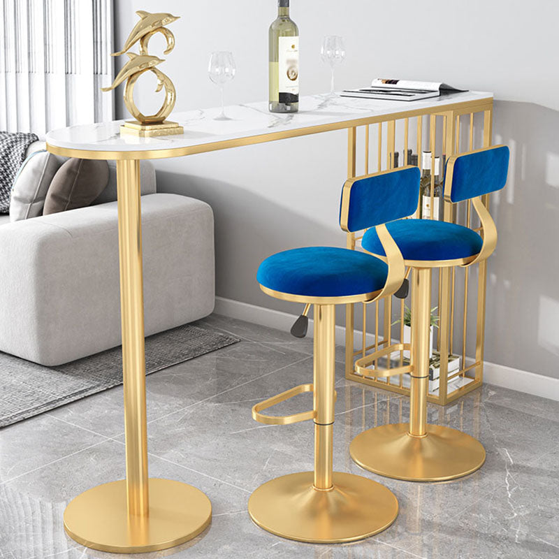 Glam 41.3"H Iron Bar Table Marble White Top Specialty Bistro Table in Gold 63"L x 15.7"W x 41.3"H Without Chairs Clearhalo 'Bar Furniture' 'Bar Tables' 'bar_tables' 'furn' 'furn_bar_tables' 'Furniture' 'furniture_bar_tables' 'Kitchen & Dining Furniture' 'kitchen&dining_furn' 'kitchen' 4381065